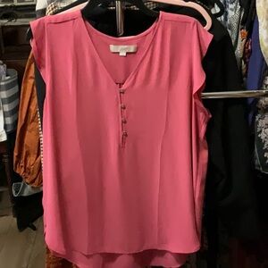 Loft pink coral blouse button front flutter sleeve